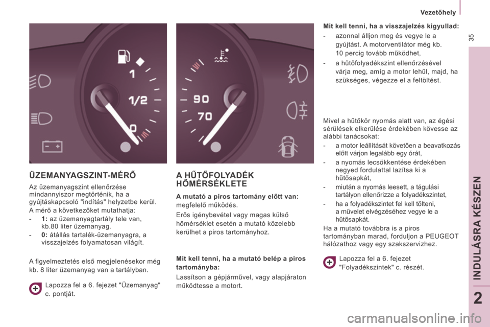 Peugeot Expert VU 2014  Kezelési útmutató (in Hungarian)  35
   Vezetőhely   
INDULÁSRA KÉSZEN
2
Expert-VU_hu_Chap02_Pret a Partir_ed01-2014
 ÜZEMANYAGSZINT-MÉRŐ 
 
Az üzemanyagszint ellenőrzése 
mindannyiszor megtörténik, ha a 
gyújtáskapcsol