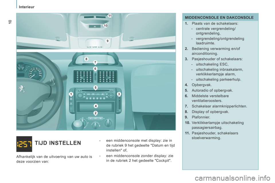 Peugeot Expert VU 2014  Handleiding (in Dutch)    Interieur   
10
Expert-VU_nl_Chap01_Prise en main_ed01-2014
  MIDDENCONSOLE  EN  DAKCONSOLE 
   1.   Plaats van de schakelaars:    -   centrale  vergrendeling/ontgrendeling, 
  -   vergrendeling/on