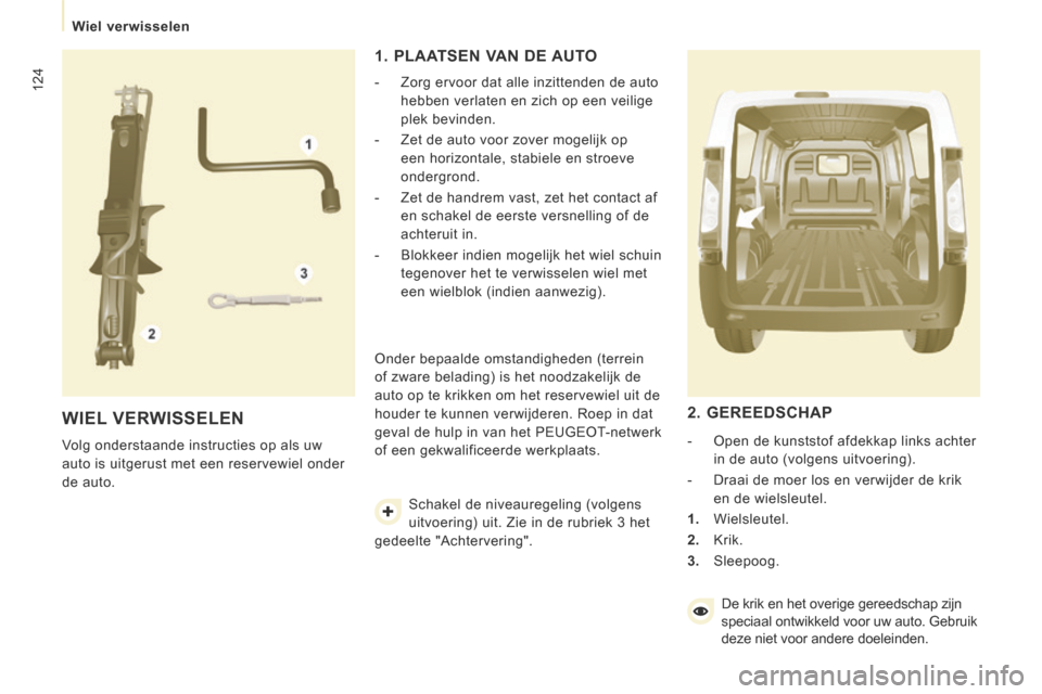 Peugeot Expert VU 2014  Handleiding (in Dutch) 124
   Wiel  verwisselen   
Expert-VU_nl_Chap07_Aide rapide_ed01-2014
 WIEL  VERWISSELEN 
 Volg onderstaande instructies op als uw 
auto is uitgerust met een reservewiel onder 
de auto. 
  1. PLAATSEN