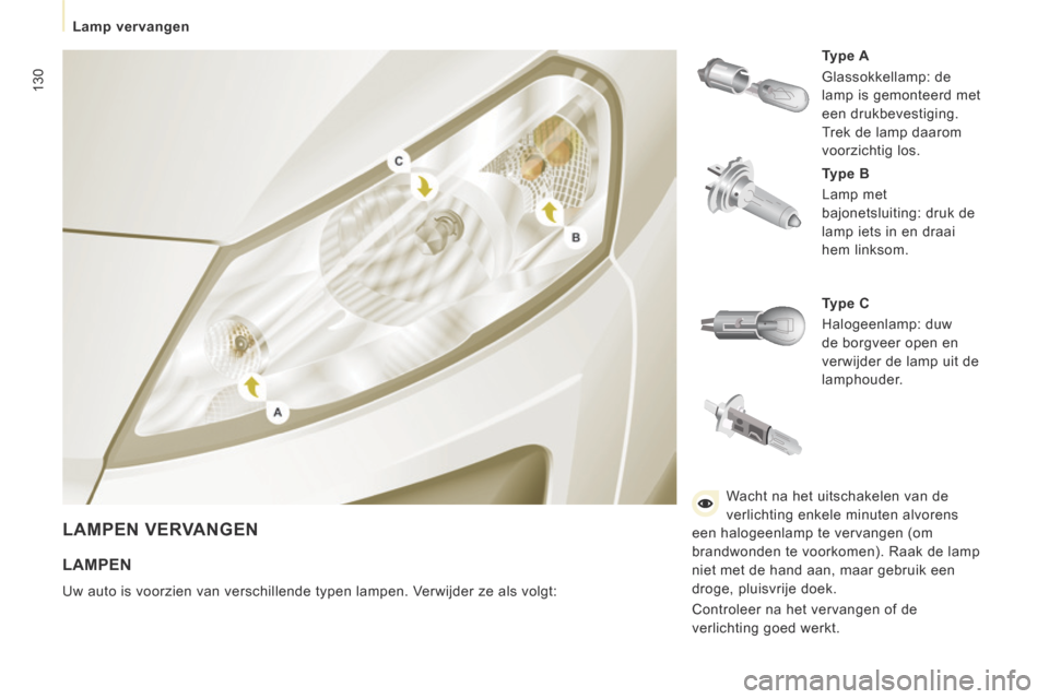 Peugeot Expert VU 2014 Handleiding (in Dutch) 130
Lamp vervangen
Expert-VU_nl_Chap07_Aide rapide_ed01-2014
LAMPEN VERVANGEN
Type A
Glassokkellamp: de
lamp is gemonteerd met
een drukbevestiging.
Trek de lamp daarom
voorzichtig Peugeot Expert VU 2014 Handleiding (in Dutch) 130
Lamp vervangen
Expert-VU_nl_Chap07_Aide rapide_ed01-2014
LAMPEN VERVANGEN
Type A
Glassokkellamp: de
lamp is gemonteerd met
een drukbevestiging.
Trek de lamp daarom
voorzichtig