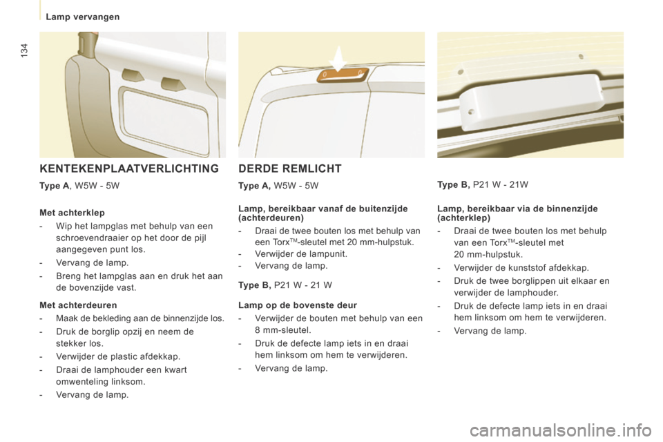 Peugeot Expert VU 2014 Handleiding (in Dutch) 134
Lamp vervangen
Expert-VU_nl_Chap07_Aide rapide_ed01-2014
DERDE REMLICHT
Type A, W5W - 5W
KENTEKENPLAATVERLICHTING
Type A , W5W - 5W Lamp, bereikbaar via de binnenzijde
(acht Peugeot Expert VU 2014 Handleiding (in Dutch) 134
Lamp vervangen
Expert-VU_nl_Chap07_Aide rapide_ed01-2014
DERDE REMLICHT
Type A, W5W - 5W
KENTEKENPLAATVERLICHTING
Type A , W5W - 5W Lamp, bereikbaar via de binnenzijde
(acht