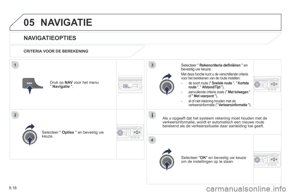 Peugeot Expert VU 2014 Handleiding (in Dutch) 9.18
05
Expert-VU_nl_Chap09b_RT6-2-7_ed01-2014
NAVIGATIE
NAVIGATIEOPTIES
CRITERIA VOOR DE BEREKENING
Selecteer " Opties " en bevestig uw keuze.
Selecteer " OK " en bevestig Peugeot Expert VU 2014 Handleiding (in Dutch) 9.18
05
Expert-VU_nl_Chap09b_RT6-2-7_ed01-2014
NAVIGATIE
NAVIGATIEOPTIES
CRITERIA VOOR DE BEREKENING
Selecteer " Opties " en bevestig uw keuze.
Selecteer " OK " en bevestig