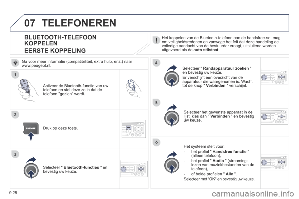 Peugeot Expert VU 2014  Handleiding (in Dutch) 9.28
07
Expert-VU_nl_Chap09b_RT6-2-7_ed01-2014
            BLUETOOTH-TELEFOON 
KOPPELEN  
EERSTE KOPPELING 
  Het koppelen van de Bluetooth-telefoon aan de handsfree-set mag om veiligheidsredenen en v