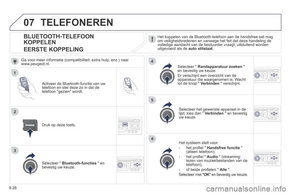 Peugeot Expert VU 2014 Handleiding (in Dutch) 9.28
07
Expert-VU_nl_Chap09b_RT6-2-7_ed01-2014
BLUETOOTH-TELEFOON
KOPPELEN
EERSTE KOPPELING
Het koppelen van de Bluetooth-telefoon aan de handsfree-set mag om veiligheidsredenen en v Peugeot Expert VU 2014 Handleiding (in Dutch) 9.28
07
Expert-VU_nl_Chap09b_RT6-2-7_ed01-2014
BLUETOOTH-TELEFOON
KOPPELEN
EERSTE KOPPELING
Het koppelen van de Bluetooth-telefoon aan de handsfree-set mag om veiligheidsredenen en v