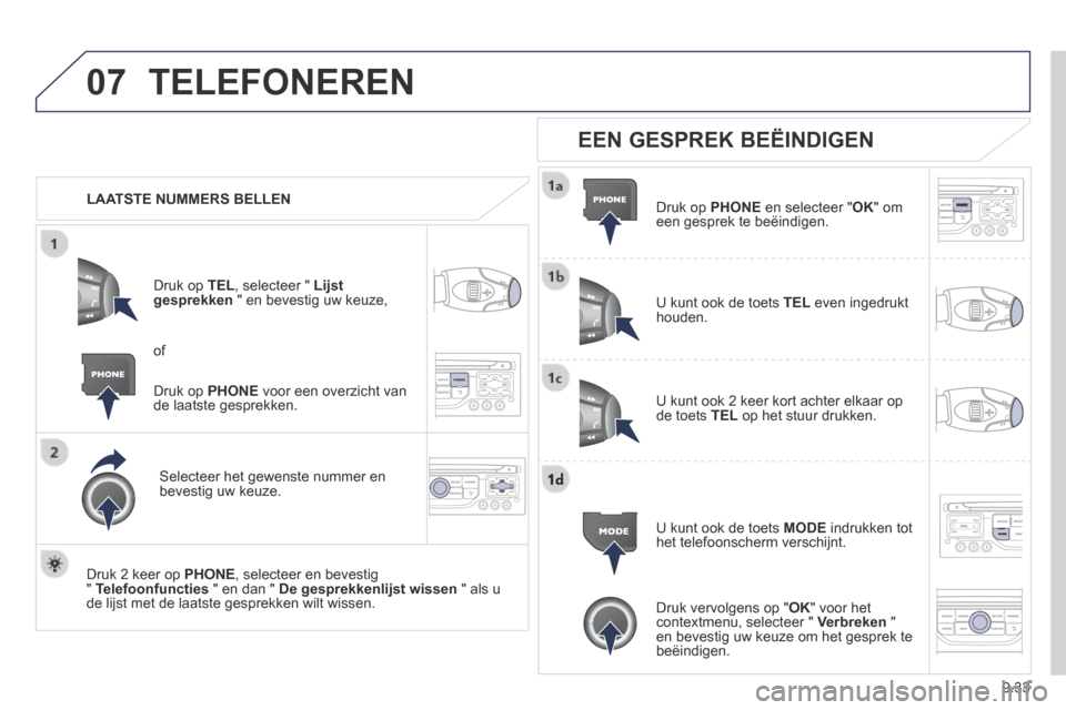 Peugeot Expert VU 2014 Handleiding (in Dutch) 9.33
07
Expert-VU_nl_Chap09b_RT6-2-7_ed01-2014
TELEFONEREN
LAATSTE NUMMERS BELLEN
Druk op TEL , selecteer " Lijst gesprekken " en bevestig uw keuze,
Selecteer het gewenste nummer en Peugeot Expert VU 2014 Handleiding (in Dutch) 9.33
07
Expert-VU_nl_Chap09b_RT6-2-7_ed01-2014
TELEFONEREN
LAATSTE NUMMERS BELLEN
Druk op TEL , selecteer " Lijst gesprekken " en bevestig uw keuze,
Selecteer het gewenste nummer en