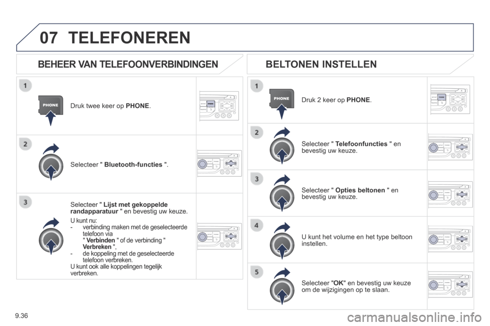 Peugeot Expert VU 2014 Handleiding (in Dutch) 9.36
07
Expert-VU_nl_Chap09b_RT6-2-7_ed01-2014
Druk twee keer op PHONE .
Selecteer " Lijst met gekoppelde randapparatuur " en bevestig uw keuze. randapparatuur " en bevestig uw keuze. ra Peugeot Expert VU 2014 Handleiding (in Dutch) 9.36
07
Expert-VU_nl_Chap09b_RT6-2-7_ed01-2014
Druk twee keer op PHONE .
Selecteer " Lijst met gekoppelde randapparatuur " en bevestig uw keuze. randapparatuur " en bevestig uw keuze. ra