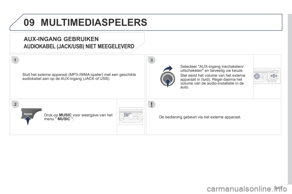 Peugeot Expert VU 2014  Handleiding (in Dutch) 9.47
09
Expert-VU_nl_Chap09b_RT6-2-7_ed01-2014
 MULTIMEDIASPELERS 
            AUX-INGANG  GEBRUIKEN    
AUDIOKABEL (JACK/USB) NIET MEEGELEVERD 
  Sluit het externe apparaat (MP3-/WMA-speler) met een 