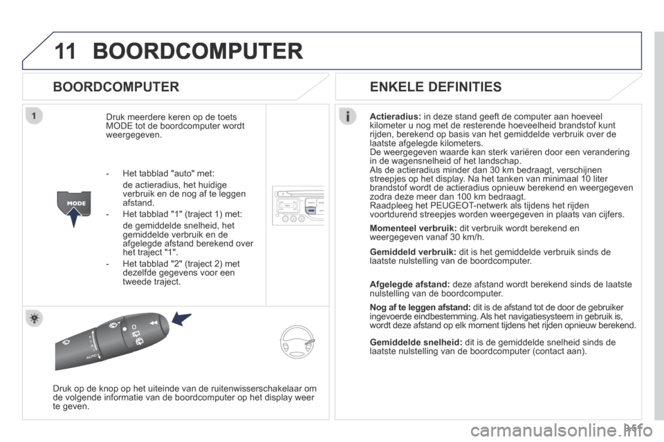 Peugeot Expert VU 2014 Handleiding (in Dutch) 9.51
11
Expert-VU_nl_Chap09b_RT6-2-7_ed01-2014
BOORDCOMPUTER
BOORDCOMPUTER
Druk meerdere keren op de toets MODE tot de boordcomputer wordt weergegeven.
Actieradius: in deze stand geeft de comp Peugeot Expert VU 2014 Handleiding (in Dutch) 9.51
11
Expert-VU_nl_Chap09b_RT6-2-7_ed01-2014
BOORDCOMPUTER
BOORDCOMPUTER
Druk meerdere keren op de toets MODE tot de boordcomputer wordt weergegeven.
Actieradius: in deze stand geeft de comp