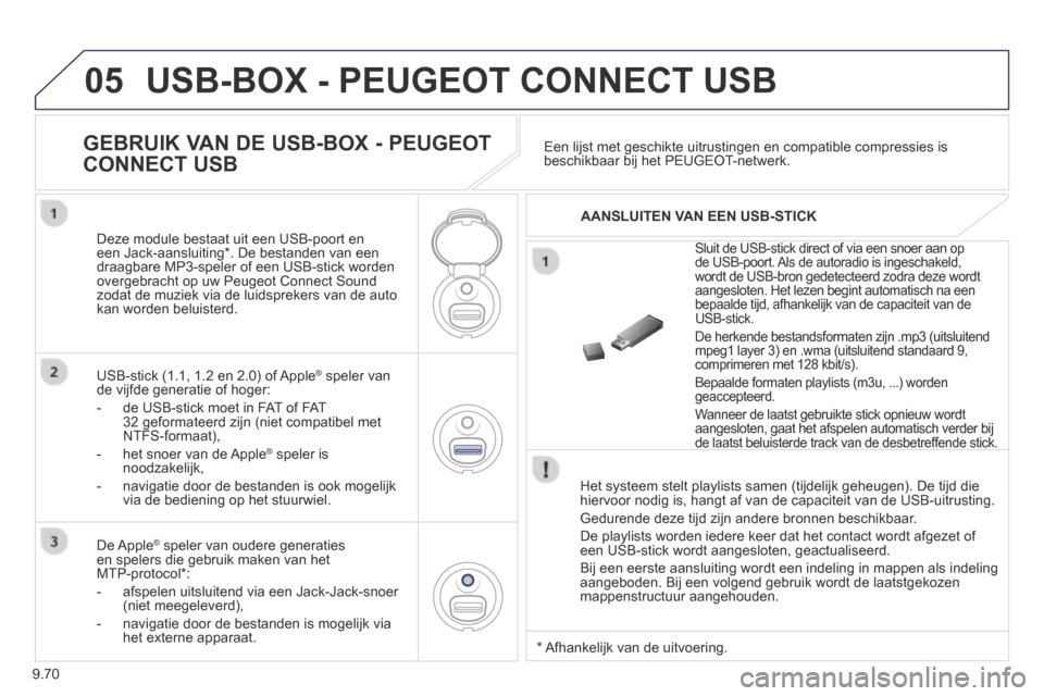 Peugeot Expert VU 2014 Handleiding (in Dutch) 9.70
05
Expert-VU_nl_Chap09c_RD45_ed01_2013
USB-BOX - PEUGEOT CONNECT USB
Het systeem stelt playlists samen (tijdelijk geheugen). De tijd die hiervoor nodig is, hangt af van de capaciteit van de U Peugeot Expert VU 2014 Handleiding (in Dutch) 9.70
05
Expert-VU_nl_Chap09c_RD45_ed01_2013
USB-BOX - PEUGEOT CONNECT USB
Het systeem stelt playlists samen (tijdelijk geheugen). De tijd die hiervoor nodig is, hangt af van de capaciteit van de U