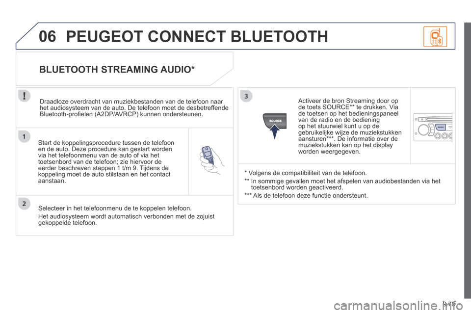 Peugeot Expert VU 2014 Handleiding (in Dutch) 9.75
06
Expert-VU_nl_Chap09c_RD45_ed01_2013
Start de koppelingsprocedure tussen de telefoon en de auto. Deze procedure kan gestart worden via het telefoonmenu van de auto of via het toetsenbord van Peugeot Expert VU 2014 Handleiding (in Dutch) 9.75
06
Expert-VU_nl_Chap09c_RD45_ed01_2013
Start de koppelingsprocedure tussen de telefoon en de auto. Deze procedure kan gestart worden via het telefoonmenu van de auto of via het toetsenbord van