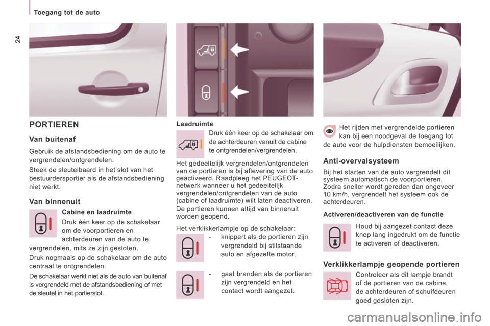 Peugeot Expert VU 2014  Handleiding (in Dutch) 24
   Toegang  tot  de  auto   
Expert-VU_nl_Chap02_Pret a Partir_ed01-2014
 PORTIEREN   Laadruimte   -   gaat branden als de portieren zijn vergrendeld en het 
contact wordt aangezet.  
  Van  binnen