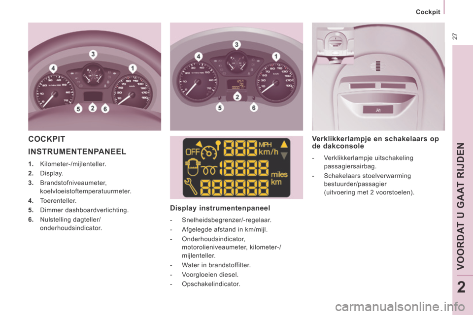 Peugeot Expert VU 2014  Handleiding (in Dutch)  27
   Cockpit   
VOORDAT U GAAT RIJDEN
2
Expert-VU_nl_Chap02_Pret a Partir_ed01-2014
 INSTRUMENTENPANEEL 
   1.   Kilometer-/mijlenteller. 
  2.   Display. 
  3.   Brandstofniveaumeter, koelvloeistof