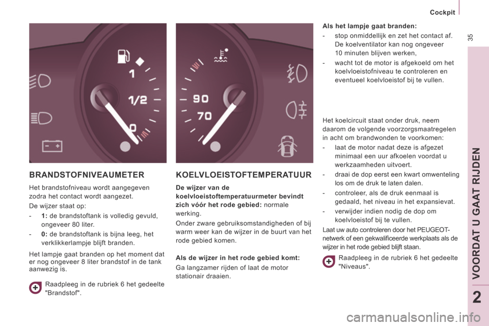 Peugeot Expert VU 2014  Handleiding (in Dutch)  35
   Cockpit   
VOORDAT U GAAT RIJDEN
2
Expert-VU_nl_Chap02_Pret a Partir_ed01-2014
 BRANDSTOFNIVEAUMETER 
 Het brandstofniveau wordt aangegeven 
zodra het contact wordt aangezet. 
 De wijzer staat 