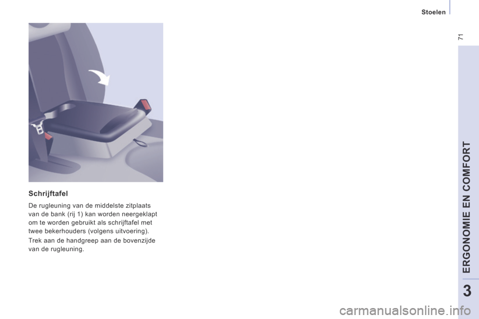Peugeot Expert VU 2014 Handleiding (in Dutch) 71
Stoelen
ERGONOMIE EN COMFORT
3
Expert-VU_nl_Chap03_Ergonomie et confort_ed01-2014
Schrijftafel
De rugleuning van de middelste zitplaats
van de bank (rij 1) kan worden neergeklapt
om te Peugeot Expert VU 2014 Handleiding (in Dutch) 71
Stoelen
ERGONOMIE EN COMFORT
3
Expert-VU_nl_Chap03_Ergonomie et confort_ed01-2014
Schrijftafel
De rugleuning van de middelste zitplaats
van de bank (rij 1) kan worden neergeklapt
om te