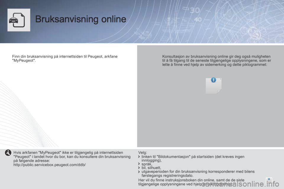 Peugeot Expert VU 2014  Brukerhåndbok (in Norwegian)  Bruksanvisning  online  
  Finn din bruksanvisning på internettsiden til Peugeot, arkfane "MyPeugeot".      Konsultasjon av bruksanvisning online gir deg også muligheten til å få tilgang til de s