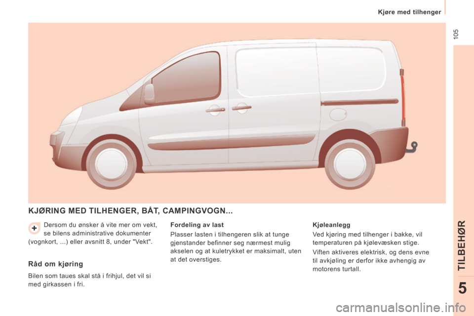 Peugeot Expert VU 2014  Brukerhåndbok (in Norwegian)  105
   Kjøre  med  tilhenger   
TILBEHØR
5
Expert-VU_no_Chap05_Accessoires_ed01-2014
 Dersom du ønsker å vite mer om vekt, 
se bilens administrative dokumenter 
(vognkort, ...) eller avsnitt 8, u