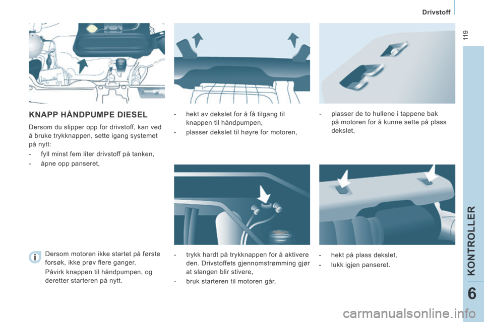 Peugeot Expert VU 2014  Brukerhåndbok (in Norwegian)  11 9
   Drivstoff   
KONTROLLER
6
Expert-VU_no_Chap06_Veriﬁ cations_ed01-2014
 KNAPP HÅNDPUMPE DIESEL 
 Dersom du slipper opp for drivstoff, kan ved 
å bruke trykknappen, sette igang systemet 
p