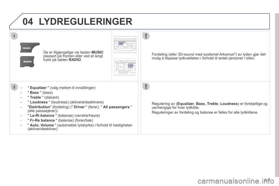 Peugeot Expert VU 2014  Brukerhåndbok (in Norwegian) 9.9
04
Expert-VU_no_Chap09b_RT6-2-7_ed01-2014
 LYDREGULERINGER 
   De er tilgjengelige via tasten  MUSICplassert på fronten eller ved et langt trykk på tasten  RADIO .  
    -   "   Equalizer  " (va