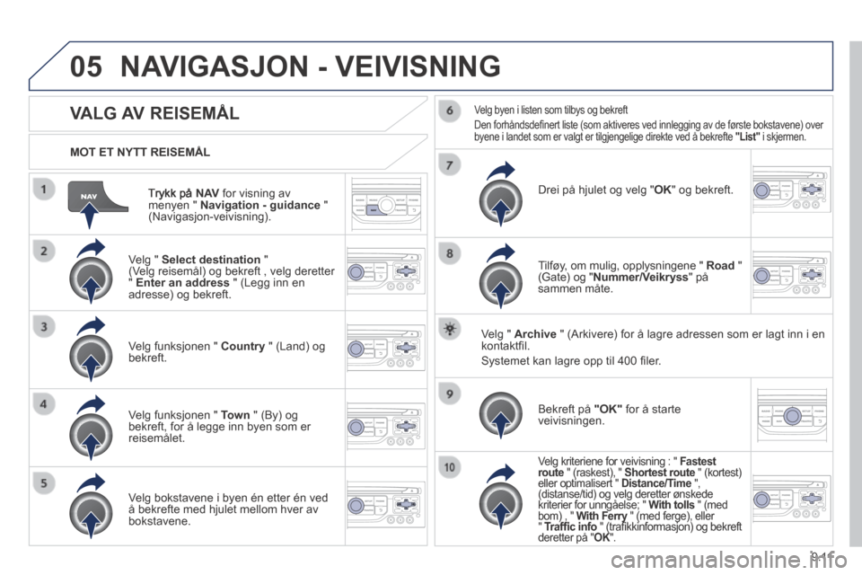 Peugeot Expert VU 2014  Brukerhåndbok (in Norwegian) 9.11
05
Expert-VU_no_Chap09b_RT6-2-7_ed01-2014
  Trykk  på   N AV  for visning av menyen "  Navigation - guidance   " (Navigasjon-veivisning).  
  MOT  ET  NYTT  REISEMÅL  
 NAVIGASJON - VEIVISNING 