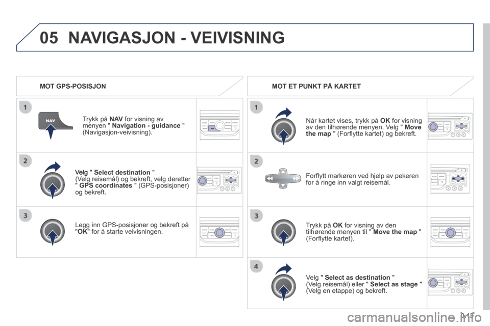 Peugeot Expert VU 2014  Brukerhåndbok (in Norwegian) 9.13
05
Expert-VU_no_Chap09b_RT6-2-7_ed01-2014
  Velg  "   Select destination   " (Velg reisemål) og bekreft, velg deretter "  GPS coordinates  " (GPS-posisjoner) og  bekreft.  
  Legg inn GPS-posisj