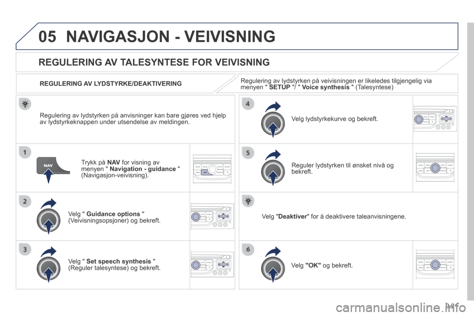 Peugeot Expert VU 2014  Brukerhåndbok (in Norwegian) 9.21
05
Expert-VU_no_Chap09b_RT6-2-7_ed01-2014
 NAVIGASJON - VEIVISNING 
  Trykk  på   N AV  for visning av menyen "  Navigation - guidance   " (Navigasjon-veivisning).  
REGULERING AV TALESYNTESE FO