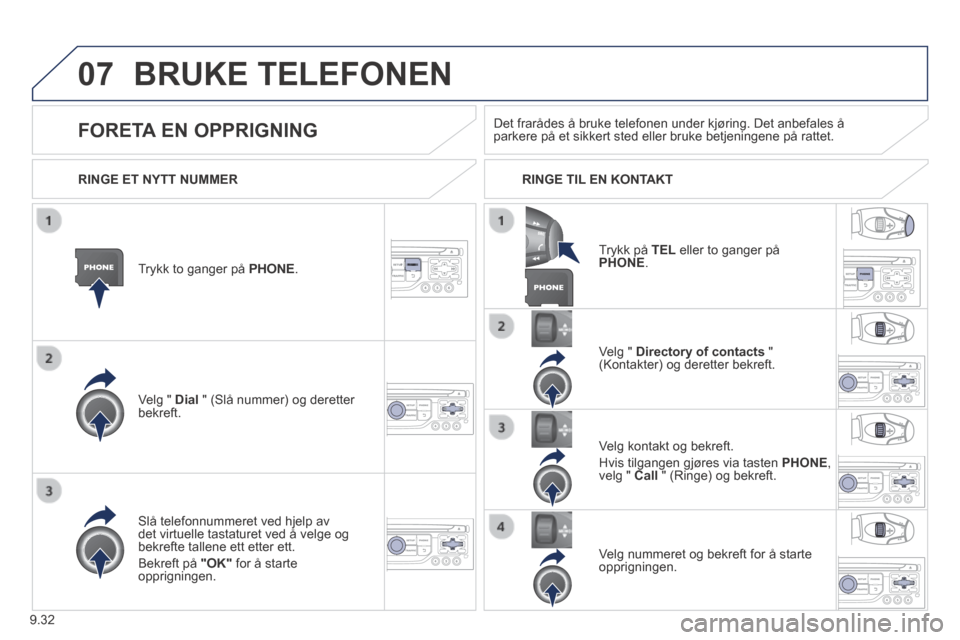 Peugeot Expert VU 2014  Brukerhåndbok (in Norwegian) 9.32
07
Expert-VU_no_Chap09b_RT6-2-7_ed01-2014
 BRUKE  TELEFONEN 
  Trykk to ganger på PHONE.  
  Velg  "   Dial  " (Slå nummer) og deretter bekreft.  
  Velg  "   Directory of contacts   " (Kontakt