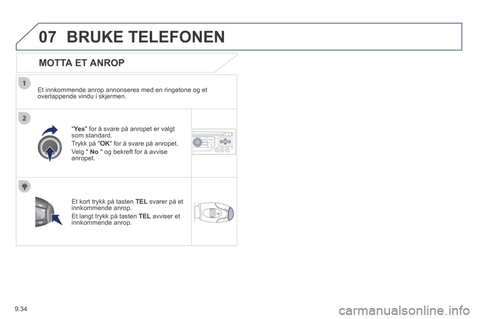 Peugeot Expert VU 2014  Brukerhåndbok (in Norwegian) 9.34
07
Expert-VU_no_Chap09b_RT6-2-7_ed01-2014
 BRUKE  TELEFONEN 
  MOTTA  ET  ANROP 
  Et innkommende anrop annonseres med en ringetone og et overlappende vindu i skjermen.  
  "Ye s" for å svare p