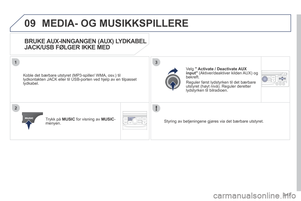 Peugeot Expert VU 2014  Brukerhåndbok (in Norwegian) 9.47
09
Expert-VU_no_Chap09b_RT6-2-7_ed01-2014
 MEDIA- OG MUSIKKSPILLERE 
BRUKE AUX-INNGANGEN (AUX) LYDKABEL 
JACK/USB FØLGER IKKE MED 
  Koble det bærbare utstyret (MP3-spiller/ WMA, osv.) til lydk