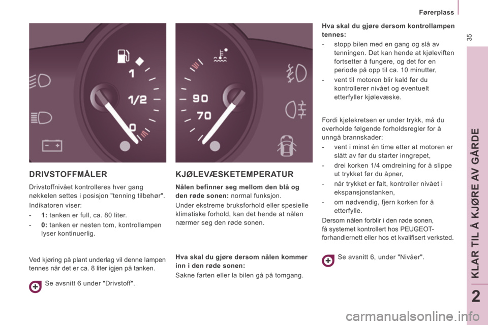 Peugeot Expert VU 2014  Brukerhåndbok (in Norwegian)  35
   Førerplass   
KLAR TIL Å KJØRE AV GÅRDE
2
Expert-VU_no_Chap02_Pret a Partir_ed01-2014
 DRIVSTOFFMÅLER 
 Drivstoffnivået kontrolleres hver gang 
nøkkelen settes i posisjon "tenning tilbeh