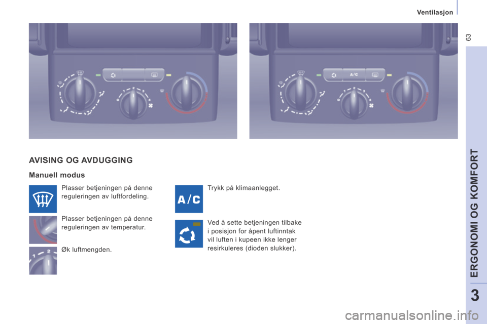 Peugeot Expert VU 2014  Brukerhåndbok (in Norwegian)  63
   Ventilasjon   
ERGONOMI OG KOMFORT
3
Expert-VU_no_Chap03_Ergonomie et confort_ed01-2014
 Trykk på klimaanlegget. 
 Plasser betjeningen på denne 
reguleringen av luftfordeling. 
 Plasser betje