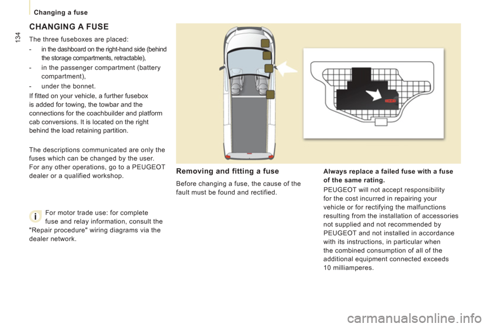 Peugeot Expert VU 2013 Owners Manual 134
Changing a fuse
CHANGING A FUSE
The three fuseboxes are placed:
-
in the dashboard on the right-hand side (behind
the storage compartments, retractable),
- in the passenger comp Peugeot Expert VU 2013 Owners Manual 134
Changing a fuse
CHANGING A FUSE
The three fuseboxes are placed:
-
in the dashboard on the right-hand side (behind
the storage compartments, retractable),
- in the passenger comp