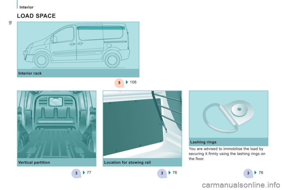 Peugeot Expert VU 2013 User Guide 5
333
Interior
16
Location for stowing rail
Lashing rings
Interior rack
106
Vertical partition
77
76
76
You are advised to immobilise the load by
securing it firm Peugeot Expert VU 2013 User Guide 5
333
Interior
16
Location for stowing rail
Lashing rings
Interior rack
106
Vertical partition
77
76
76
You are advised to immobilise the load by
securing it firm