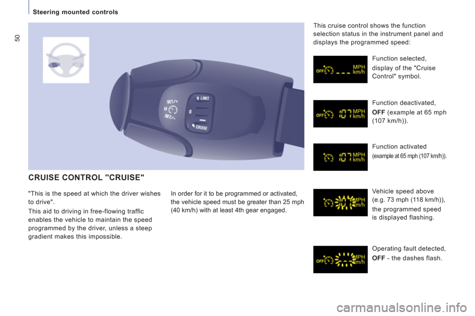 Peugeot Expert VU 2013 Workshop Manual 50
Steering mounted controls
CRUISE CONTROL "CRUISE"
In order for it to be programmed or activated,
the vehicle speed must be
greater than 25 mph
(40 km/h) with at least 4th gear engaged. Funct Peugeot Expert VU 2013 Workshop Manual 50
Steering mounted controls
CRUISE CONTROL "CRUISE"
In order for it to be programmed or activated,
the vehicle speed must be
greater than 25 mph
(40 km/h) with at least 4th gear engaged. Funct