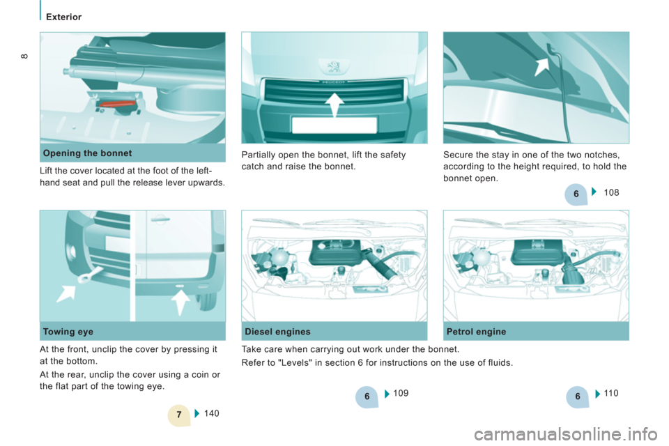 Peugeot Expert VU 2013  Owners Manual 6
7
6
6
Exterior
8
  109      
Diesel engines    
Petrol engine 
  11 0  
  140  
     
Towing eye     
 
Opening the bonnet 
  Lift the cover located at the foot of the left-
hand seat and pull the r