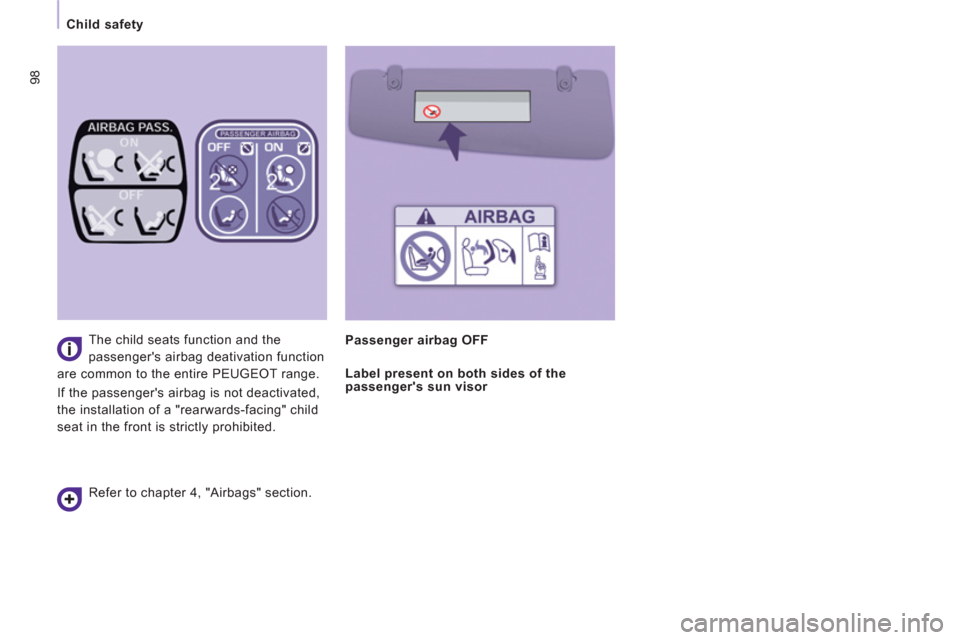 Peugeot Expert VU 2013 Owners Manual 98
Child safety
The child seats function and the
passengers airbag deativation function
are common to the entire PEUGEOT range.
If the passengers airbag is not deactivated,
the installatio Peugeot Expert VU 2013 Owners Manual 98
Child safety
The child seats function and the
passengers airbag deativation function
are common to the entire PEUGEOT range.
If the passengers airbag is not deactivated,
the installatio