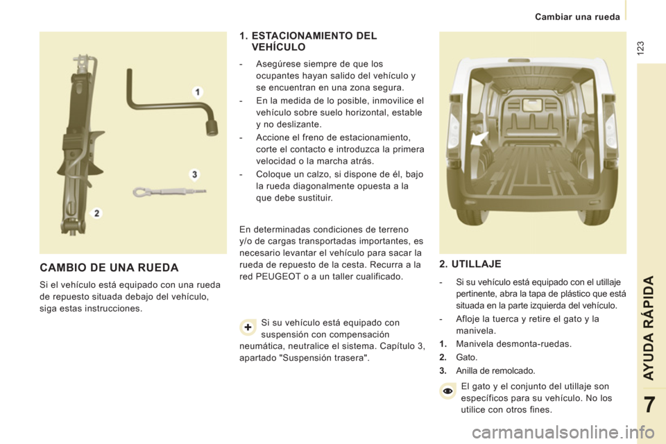 Peugeot Expert VU 2013 Manual del propietario (in Spanish) 12
3
Cambiar una rueda
AYUDA RÁPIDA
7
CAMBIO DE UNA RUEDA
Si el vehículo está equipado con una rueda
de repuesto situada debajo del vehículo,
siga estas instrucciones.
1. E Peugeot Expert VU 2013 Manual del propietario (in Spanish) 12
3
Cambiar una rueda
AYUDA RÁPIDA
7
CAMBIO DE UNA RUEDA
Si el vehículo está equipado con una rueda
de repuesto situada debajo del vehículo,
siga estas instrucciones.
1. E