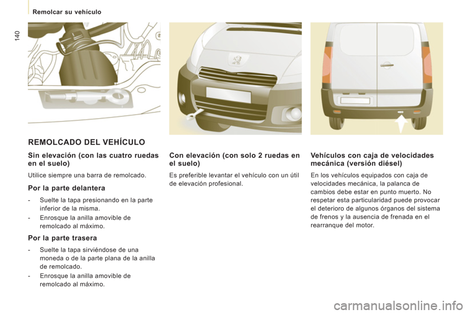 Peugeot Expert VU 2013  Manual del propietario (in Spanish) 140
   
Sin elevación (con las cuatro ruedas 
en el suelo) 
  Utilice siempre una barra de remolcado.  
 
 
Por la parte delantera 
 
 
 
-   Suelte la tapa presionando en la parte 
inferior de la mi
