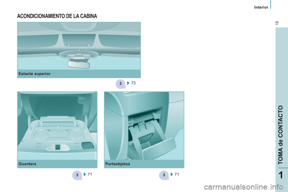 Peugeot Expert VU 2013 Manual del propietario (in Spanish) 3
33
15
Interior
TOMA de CONTACTO
1
Estante superior
73
ACONDICIONAMIENTO DE LA CABINA
Guantera
71 71
Portaobjetos Peugeot Expert VU 2013 Manual del propietario (in Spanish) 3
33
15
Interior
TOMA de CONTACTO
1
Estante superior
73
ACONDICIONAMIENTO DE LA CABINA
Guantera
71 71
Portaobjetos