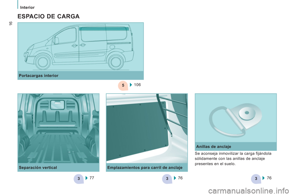Peugeot Expert VU 2013 Manual del propietario (in Spanish) 5
333
Interior
16
Emplazamientos para carril de anclaje
Anillas de anclaje
Portacargas interior
106
Separación vertical
77
76
76
Se aconseja inmovilizar la carga Peugeot Expert VU 2013 Manual del propietario (in Spanish) 5
333
Interior
16
Emplazamientos para carril de anclaje
Anillas de anclaje
Portacargas interior
106
Separación vertical
77
76
76
Se aconseja inmovilizar la carga