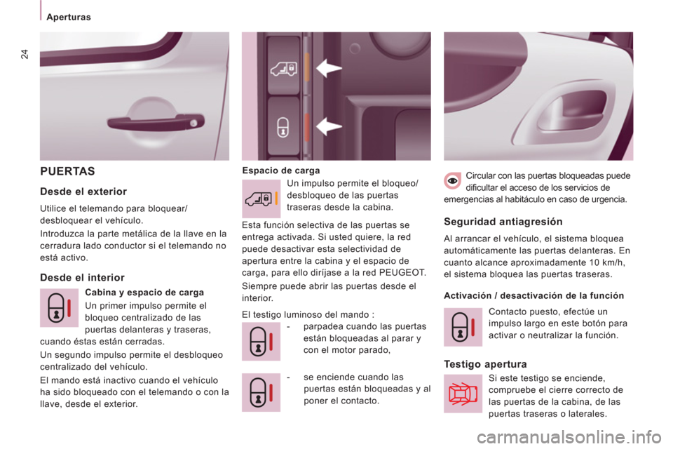 Peugeot Expert VU 2013  Manual del propietario (in Spanish) 24
PUERTAS   
Espacio de carga 
   
-   se enciende cuando las 
puertas están bloqueadas y al 
poner el contacto.  
 
 
Desde el interior     
Desde el exterior 
 
Utilice el telemando para bloquear/