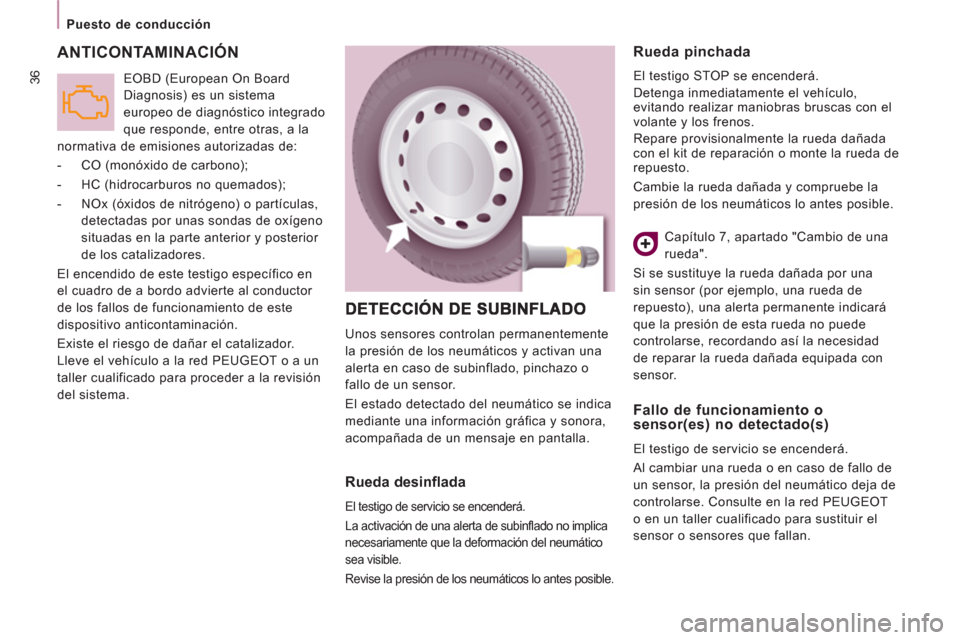 Peugeot Expert VU 2013 Manual del propietario (in Spanish) 36
Puesto de conducción
ANTICONTAMINACIÓN
EOBD (European On Board
Diagnosis) es un sistema
europeo de diagnóstico integrado
que responde, entre otras, a la
normativa de emisiones Peugeot Expert VU 2013 Manual del propietario (in Spanish) 36
Puesto de conducción
ANTICONTAMINACIÓN
EOBD (European On Board
Diagnosis) es un sistema
europeo de diagnóstico integrado
que responde, entre otras, a la
normativa de emisiones