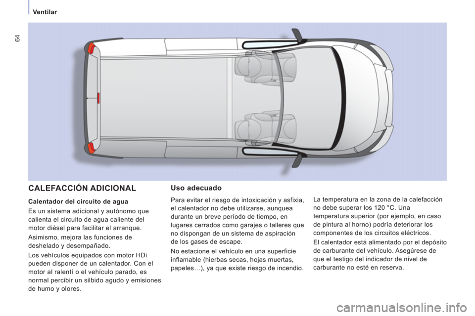Peugeot Expert VU 2013 Manual del propietario (in Spanish) 64
Ventilar
Uso adecuado
Para evitar el riesgo de intoxicación y asfixia,
e
l calentador no debe utilizarse, aunquea
durante un breve período de tiempo, en
lu
gares cerrados como garajes o talleres Peugeot Expert VU 2013 Manual del propietario (in Spanish) 64
Ventilar
Uso adecuado
Para evitar el riesgo de intoxicación y asfixia,
e
l calentador no debe utilizarse, aunquea
durante un breve período de tiempo, en
lu
gares cerrados como garajes o talleres