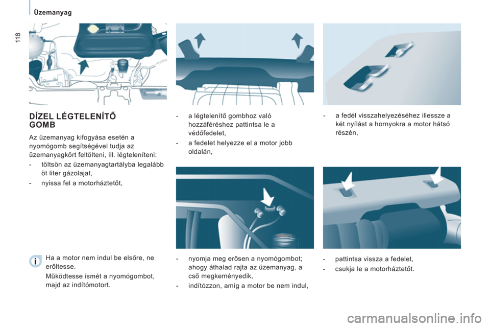 Peugeot Expert VU 2013 Kezelési útmutató (in Hungarian) 118
Üzemanyag
DÍZEL LÉGTELENÍTŐ
GOMB
Az üzemanyag kifogyása esetén a
nyomógomb segítségével tudja az
üzemanyagkört feltölteni, ill. légteleníteni:
- töltsö Peugeot Expert VU 2013 Kezelési útmutató (in Hungarian) 118
Üzemanyag
DÍZEL LÉGTELENÍTŐ
GOMB
Az üzemanyag kifogyása esetén a
nyomógomb segítségével tudja az
üzemanyagkört feltölteni, ill. légteleníteni:
- töltsö