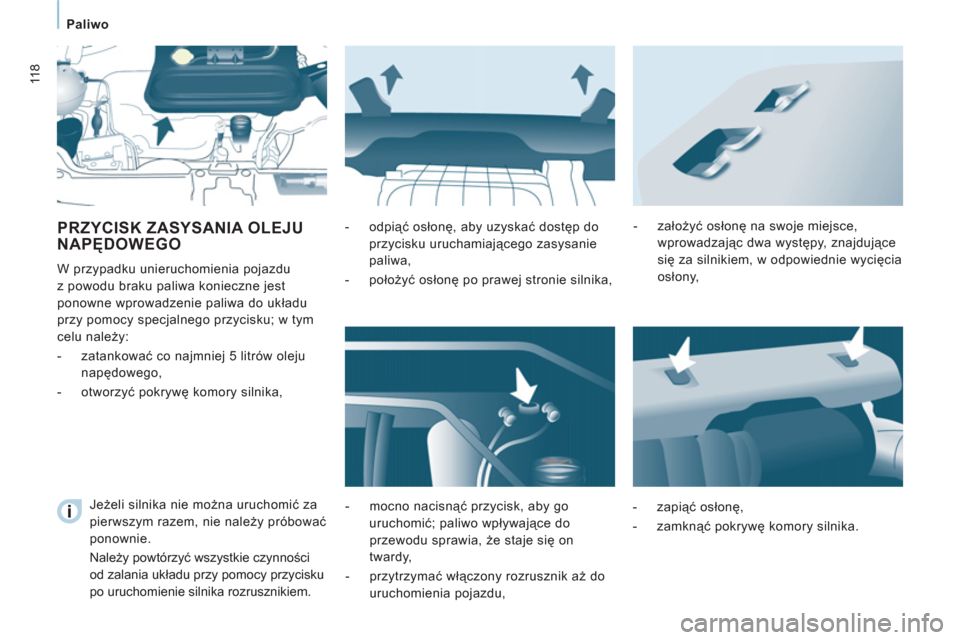 Peugeot Expert VU 2013  Instrukcja Obsługi (in Polish) 118
   
 
Paliwo  
 
 
PRZYCISK ZASYSANIA OLEJU 
NAPĘDOWEGO 
 
W przypadku unieruchomienia pojazdu 
z powodu braku paliwa konieczne jest 
ponowne wprowadzenie paliwa do układu 
przy pomocy specjalne
