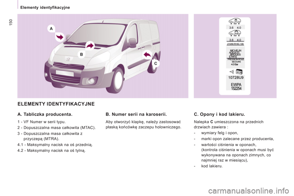 Peugeot Expert VU 2013  Instrukcja Obsługi (in Polish) 150
   
 
Elementy identyfikacyjne  
 
 
ELEMENTY IDENTYFIKACYJNE 
 
 
A. Tabliczka producenta. 
 
1 - VF Numer w serii typu. 
  2 - Dopuszczalna masa całkowita (MTAC). 
  3 -  Dopuszczalna masa cał