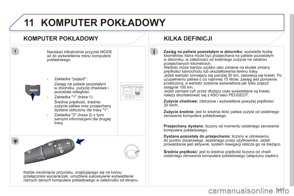 Peugeot Expert VU 2013 Instrukcja Obsługi (in Polish) 9.51
11KOMPUTER POKŁADOWY
KOMPUTER POKŁADOWY
Naciskać kilkakrotnie przycisk MODEaż do wyświetlenia menu komputera
pokładowego.Zasięg na paliwie pozostałym w zbiorniku
:
wyświetla lic Peugeot Expert VU 2013 Instrukcja Obsługi (in Polish) 9.51
11KOMPUTER POKŁADOWY
KOMPUTER POKŁADOWY
Naciskać kilkakrotnie przycisk MODEaż do wyświetlenia menu komputera
pokładowego.Zasięg na paliwie pozostałym w zbiorniku
:
wyświetla lic