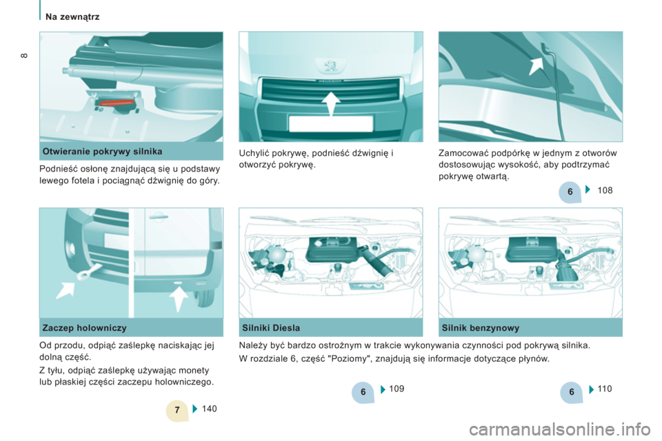 Peugeot Expert VU 2013  Instrukcja Obsługi (in Polish) 6
7
6
6
   
 
Na zewnątrz  
 
8
 
109      
Silniki Diesla    
Silnik benzynowy 
  11 0  
  140  
     
Zaczep holowniczy     
 
Otwieranie pokrywy silnika 
  Podnieść osłonę znajdującą się u 