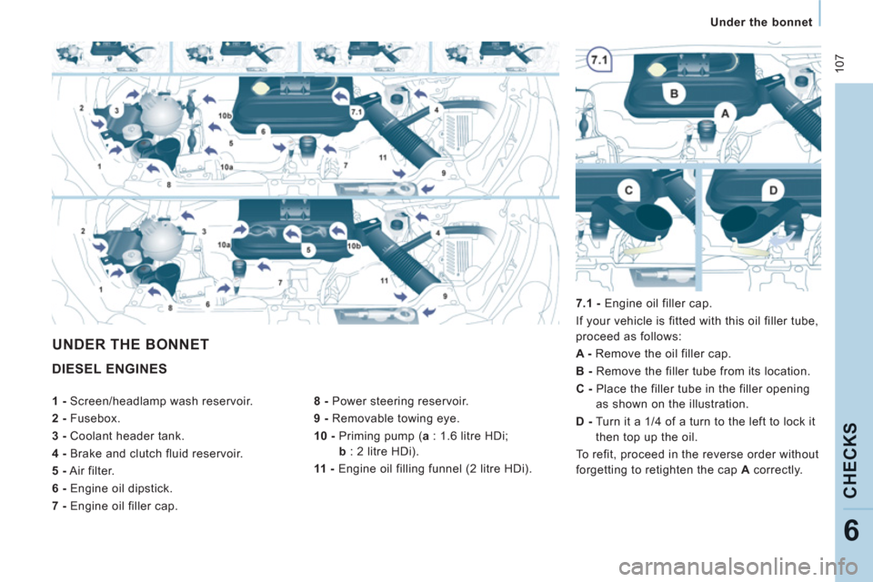 Peugeot Expert VU 2012  Owners Manual  10
7
   
 
Under the bonnet  
 
CHECK
S
6
 
DIESEL ENGINES 
 
 
8 - 
 Power steering reservoir. 
   
9 - 
 Removable towing eye. 
   
10 - 
  Priming pump ( a 
 : 1.6 litre HDi; 
  b 
 : 2 litre HDi)