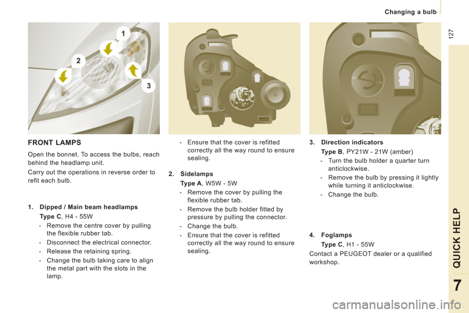 Peugeot Expert VU 2012 Owners Manual 12
7
Changing a bulb
QUICK HEL
P
7
3.
Direction indicators
Type B
, PY21W - 21W (amber)
- Turn the bulb holder a quarter turn
anticlockwise.
- Remove the bulb Peugeot Expert VU 2012 Owners Manual 12
7
Changing a bulb
QUICK HEL
P
7
3.
Direction indicators
Type B
, PY21W - 21W (amber)
- Turn the bulb holder a quarter turn
anticlockwise.
- Remove the bulb