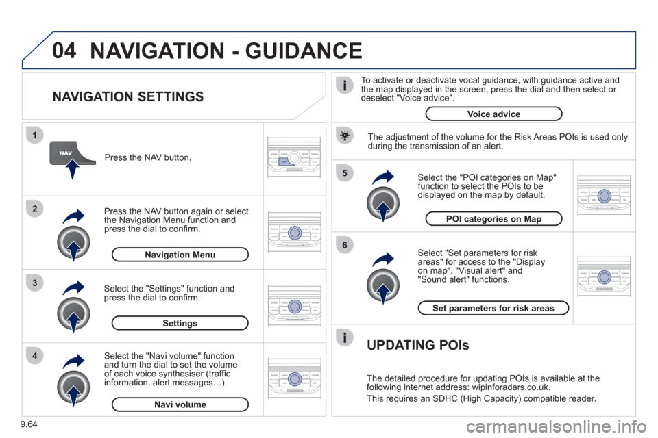 Peugeot Expert VU 2012 Owners Manual 9.64
04
5
6
3 2 1
4
NAVIGATION SETTINGS
Select "Set parameters for risk
areas" for access to the "Display
on map", "Visual alert" and"Sound alert" functions.
Select the "POI categories o Peugeot Expert VU 2012 Owners Manual 9.64
04
5
6
3 2 1
4
NAVIGATION SETTINGS
Select "Set parameters for risk
areas" for access to the "Display
on map", "Visual alert" and"Sound alert" functions.
Select the "POI categories o